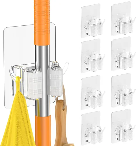 Vista 8 de Batur Soporte de pared para escoba, paquete de 4 soportes adhesivos para trapeador y escoba, soporte de pared, súper antideslizante, organizador