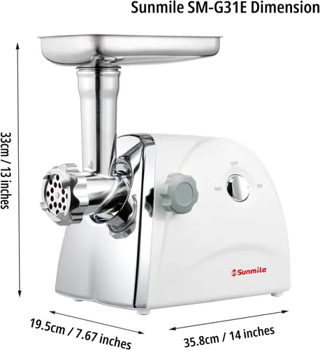 Vista 9 de Sunmile SM-G31 picadora de carne eléctrica y fábrica de salchichas 1HP 800W máximo, aprobado por ETL, hojas de corte de acero inoxidable, 3 placas