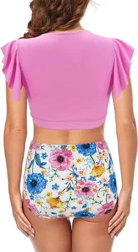 Vista 3 de Binlowis Conjunto de bikini de cintura alta para mujer, nudo frontal con volantes, traje de baño de dos piezas