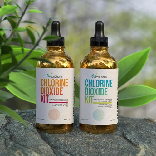 Vista 2 de Kit de dióxido de cloro Botellas de vidrio con goteros Ácido clorhídrico 4-5% (HCl) y solución de sodio 8 oz en total