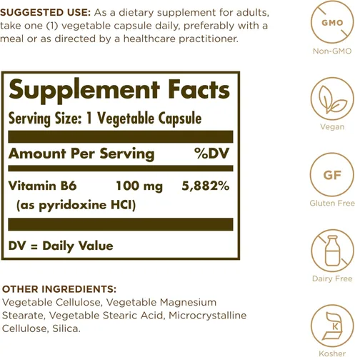 Vista 2 de Solgar, Vitamina B6 100 Mg Cápsulas Vegetales, Recuento