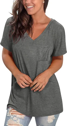 Vista 2 de Geifa Camisetas de manga corta con cuello en V para mujer, camisetas casuales de verano con bolsillo