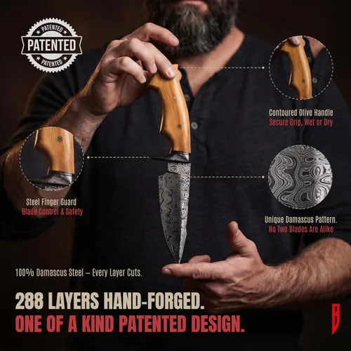 Vista 4 de BIGCAT ROAR Predator Hunter - Cuchillo de hoja fija de acero de Damasco hecho a mano de 10" - Mango de madera de olivo y funda de piel para cinturón