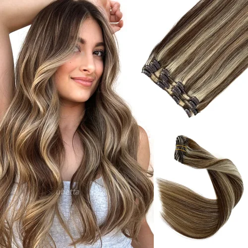Vista 29 de Extensiones de cabello con clip Ubetta de cabello humano real, extensiones de cabello negro azabache con clip, 7 piezas, 70 g, extensiones