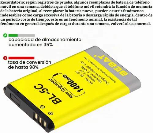 Vista 7 de Batería BL-5C (2 unidades), batería recargable BL-5C de 3.7 V, 1400 mAh, adecuada para radio doméstica, Nokia con protección actual