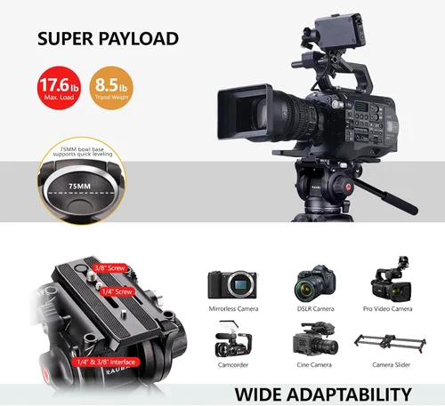 Vista 5 de RAUBAY Trípode profesional de cámara de video resistente de 70.8 pulgadas con cabezal fluido, placa QR para videocámara DSLR, carga máxima de 17.6