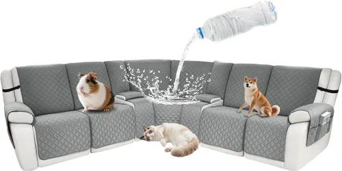 Vista 28 de Fundas impermeables para sofá reclinable seccional en forma de L, 7 piezas, antideslizantes, lavables, juego de fundas reclinables para mascotas