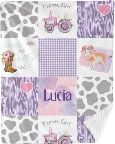 Vista 2 de Manta personalizada de bebé Minky de vaca pequeña, botas de granja, coche, manta personalizada para guardería, 35 x 46 pulgadas, para baby shower