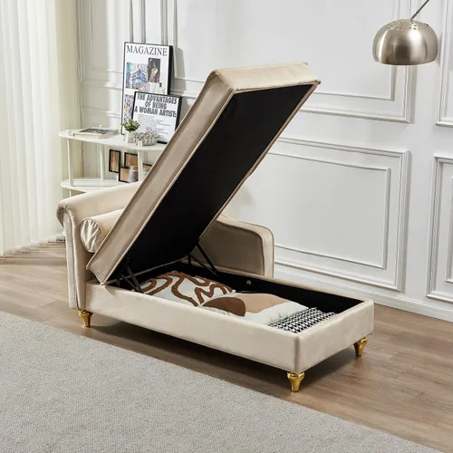 Vista 4 de Chaise Lounge para interiores, sofá de salón tapizado de terciopelo con espacio de almacenamiento oculto, sofá cama con marco de madera maciza