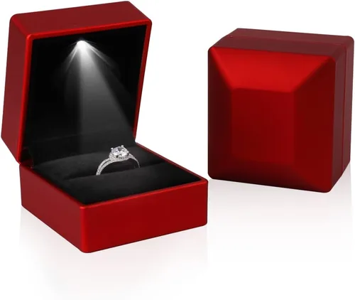 Vista 3 de iSuperb 2 cajas de anillo LED iluminadas para propuestas, compromisos, bodas, regalos (2 unidades, rojo)