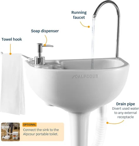 Vista 5 de Alpcour Fregadero portátil para acampar – Estación de higiene de viaje para interiores y exteriores con lavabo, grifo para correr, dispensador