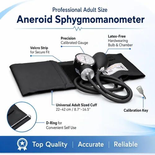 Vista 2 de NOVAMEDIC Brazalete para presión arterial de tamaño adulto auto-tomable negro, kit de esfigmomanómetro aneroide, estetoscopio - máquina profesional