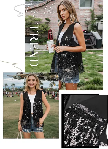 Vista 4 de ZXZY Womens Sequin Fringe Sleeveless Vest Sparkly Jacket Cardigan Negro