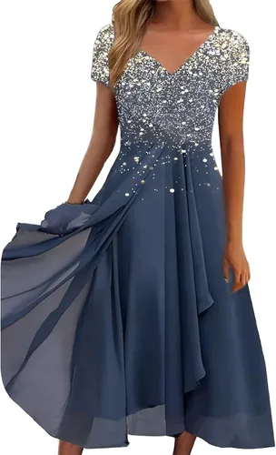 Vista 2 de Vestido de gasa de verano para mujer, cuello en V, manga corta, cintura alta, con capas, vestido largo fluido, casual, fiesta, cóctel, maxi vestidos