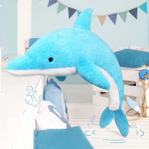 Vista 8 de MorisMos Animales de peluche gigantes de delfín de 55 pulgadas, juguete de peluche grande de delfín azul suave, regalos marinos de océano para niños