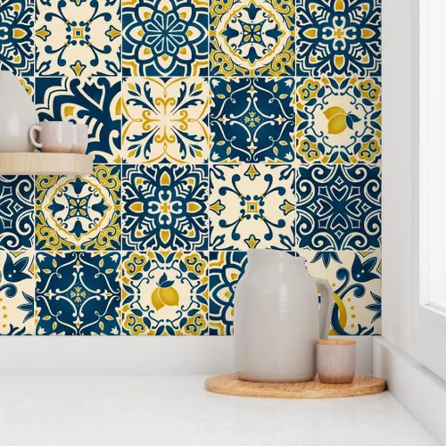 Vista 8 de Papel tapiz para despegar y pegar – Azulejos amarillos Limones Cheater Quilt Italiano Mediterráneo Azulejos Siciliano Karge Escala Toscana, Papel