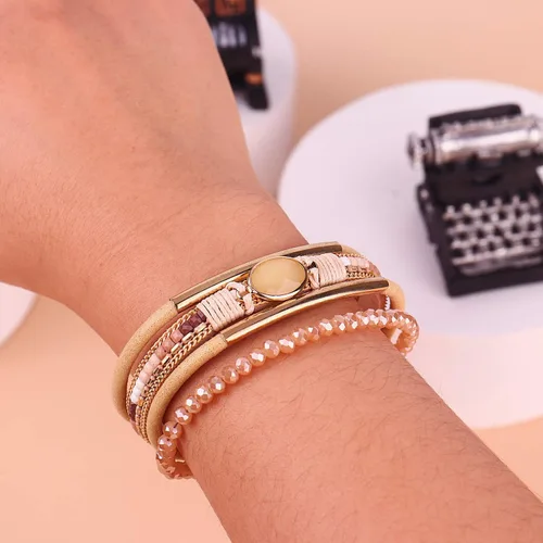 Vista 7 de FANCY SHINY- Pulseras de cuero de la envoltura de cuentas de cristal de la pulsera Boho Cuff piedra, dije, pulseras con cierre magnético de joyería