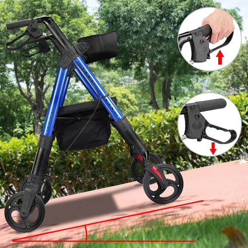 Vista 8 de AW Andador con asiento plegable, andador bariátrico vertical médico para personas mayores, aluminio resistente con doble freno, soporta hasta 450