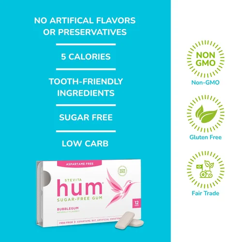 Vista 4 de Stevita Hum, Bubblegum - Goma de mascar sin azúcar - 12 piezas, paquete de 12 - Apoya la salud oral - Sin OMG, vegetariano, keto, sin gluten - 72