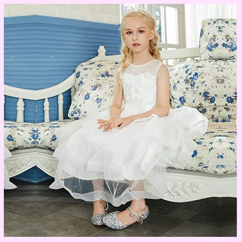 Vista 5 de Furdeour Girls Sandals Glittler Bow Dress Shoes Princess Crystal High Heels Party Wedding Flower Girls Shoes for Kid Toddler