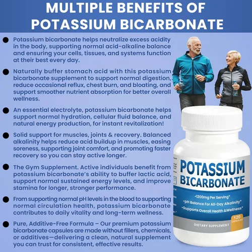 Vista 6 de Suplemento de bicarbonato de potasio puro Cápsulas Píldoras de equilibrio de pH, electrolitos de alto potasio 1200 mg Serv. Grado alimenticio