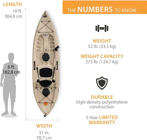 Vista 3 de Lifetime Muskie Angler Kayak sentado en la parte superior con pala, bronceado, 120 pulgadas (90508) y Onyx Movevent Dynamic Chaleco-Naranja-M/L