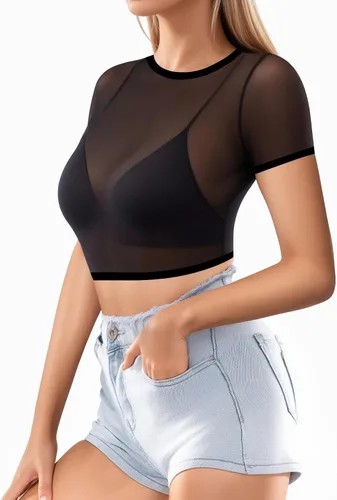 Vista 2 de MANGOPOP Blusa corta de manga corta de malla transparente para mujer