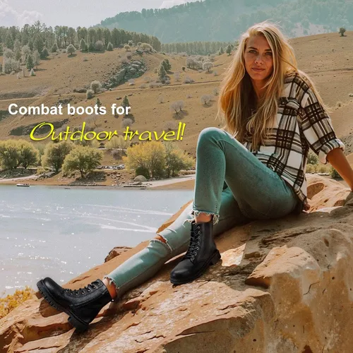Vista 2 de Vepose - Botas de combate para mujer con puntera corta, cordones clásicos, tacón bajo, cremallera 9623