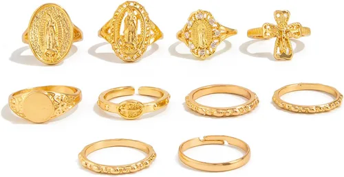 Vista 9 de Juego de anillos dorados de cruz de Virgen María para mujer, 10 piezas vintage gruesos apilables, anillos cruzados para nudillos, accesorios retro