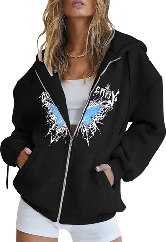 Vista 3 de Tintwwg Sudaderas con cremallera para mujer, cuello con forro Fce, sudadera corta con capucha casual de algodón largo Sve Tops Essentials Sudadera