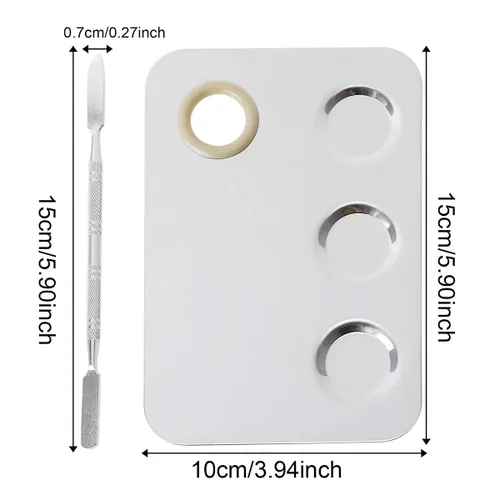 Vista 6 de Paleta de mezcla de maquillaje, paleta de maquillaje de acero inoxidable de 6 x 4 pulgadas, paleta de mezcla de 3 pocillos para arte de uñas, paleta