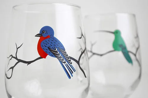 Vista 3 de Juego de 4 copas de vino sin tallo, colección de cristalería serigrafiada, regalos para observación de aves