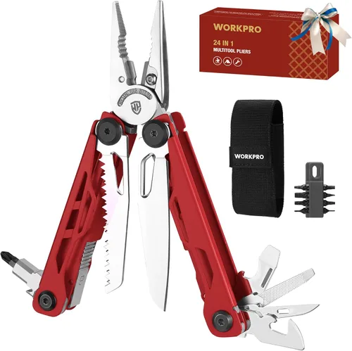 Vista 8 de WORKPRO Mutitool 24 en 1, alicates multiherramienta de acero inoxidable con navaja de bolsillo y destornilladores, multiherramienta EDC