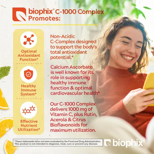 Vista 2 de biophix Vitamina C-1000 mg 30 tabletas Complejo - Vegano con calcio cítrico Bioflavonoides Acerola Rutina - Apoya la salud inmunológica