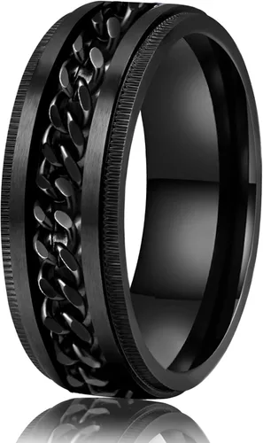 Vista 8 de LAOYOU Anillo giratorio para hombre para alivio de la ansiedad 0.315 in de acero inoxidable negro anillo de ansiedad con incrustaciones de cadena