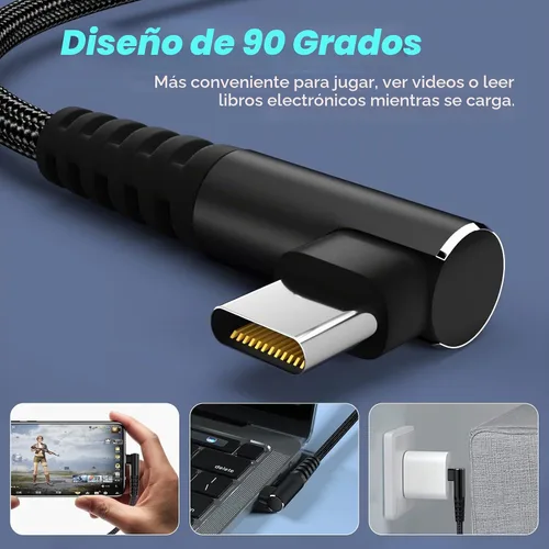Vista 6 de Cable USB C a USB C de 100 W, 1 pie de 90 grados, nailon trenzado de carga