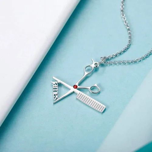 Vista 4 de AILIN Collar de peluquería personalizado de plata de ley 925 de acero inoxidable con nombre personalizado, peine de tijera, dije de tijera