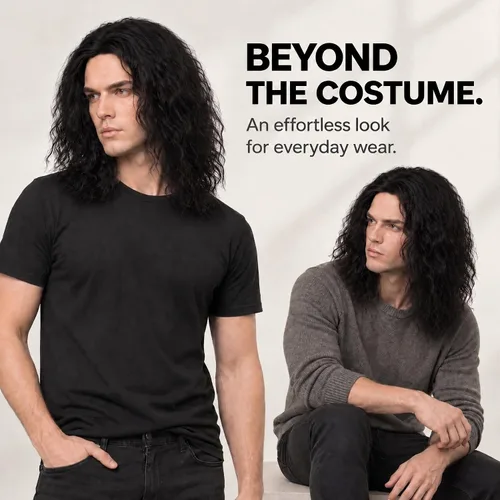 Vista 7 de Peluca ondulada corta negra con raya media para hombre, disfraz de cosplay Negro