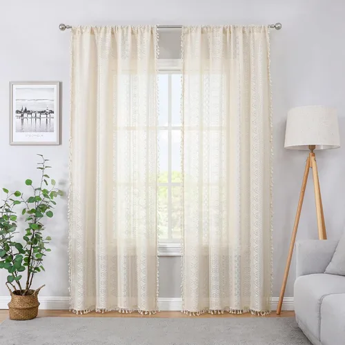 Vista 2 de Cortinas de encaje transparente con borlas de lino bohemio beige, elegante geometría de ganchillo, bolsillo para barra, cortinas de ventana