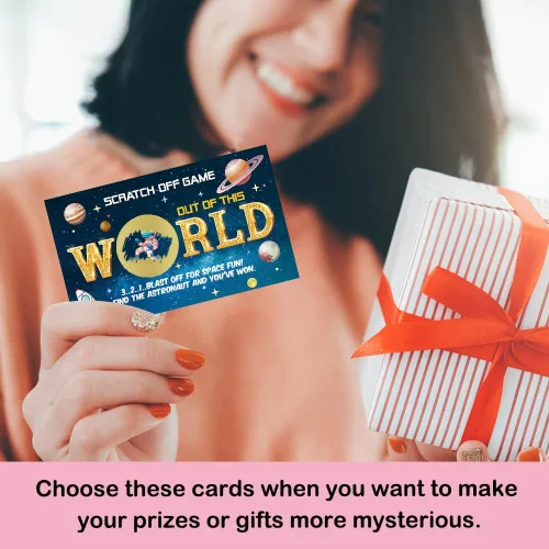 Vista 5 de 50 tarjetas para rascar fuera de este mundo, divertidas tarjetas para raspar con temática del espacio exterior para cumpleaños, fiesta de baby