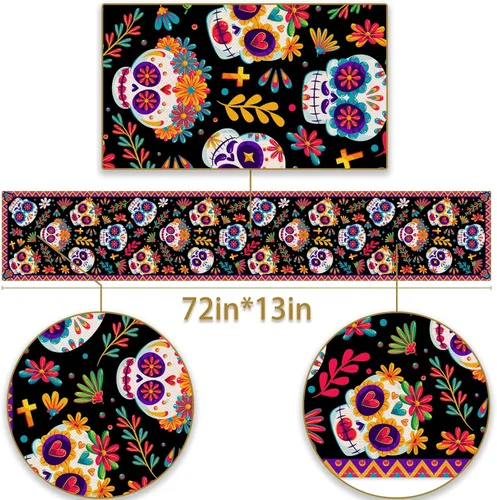 Vista 2 de Pudodo Camino de mesa del Día de los Muertos con calavera de azúcar, Día de los Muertos, festival mexicano, vacaciones, cocina, comedor, decoración