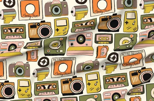 Vista 4 de Spoonflower Tela - Cinta de cassette Cámaras retro Fotografía Analógica Música Vintage Impreso en Pétalos Tela de Algodón Fat Quarter - Costura