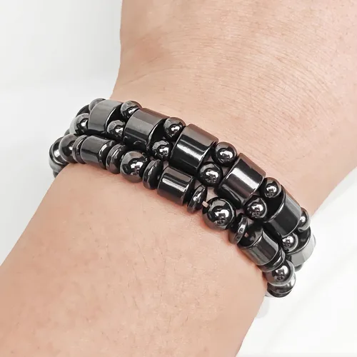 Vista 3 de VIKI LYNN 2 pulseras magnéticas de hematita para mujeres y hombres, cuentas de piedra magnética de hematita, pulsera magnética ajustable, regalo