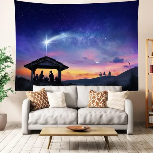 Vista 2 de LB Tapiz de Natividad de Jesús, tres hombres sabios, tapiz para colgar en la pared, tapiz de estrella de Belén, póster cristiano de Navidad
