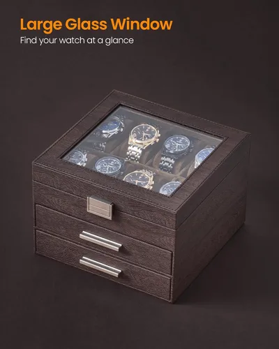 Vista 4 de Caja de reloj, regalos de Navidad, caja de reloj de 8 ranuras con tapa de vidrio, almohadas de reloj extraíbles, organizador de caja de joyería de 3