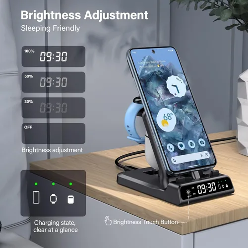 Vista 4 de Estación de carga 3 en 1 para Google Pixel Watch 3/2, soporte de cargador USB C con cable súper rápido de 25 W para Google Pixel 10/10 Pro/10 Pro