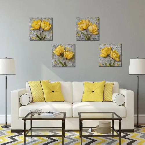 Vista 48 de Wall HDQ Arte de pared de flores para baño, dormitorio, sala de estar, decoración de pared azul y naranja, pintura floral, lienzo impreso, imagen