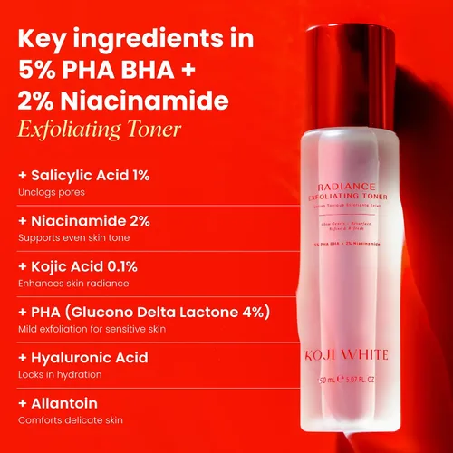 Vista 5 de Koji White Tónico exfoliante para cara, 5% de tóner PHA BHA 2% niacinamida, ácido kójico y ácido hialurónico Tónico facial hidratante y calmante
