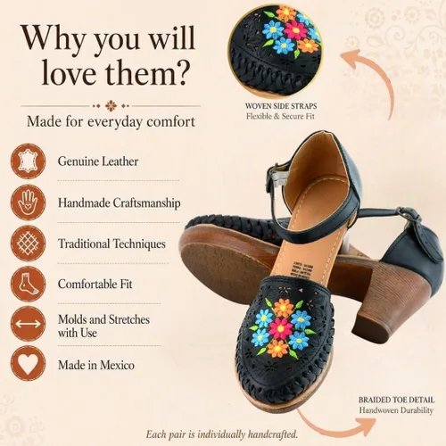Vista 4 de Zapatos de cuero mexicano con flores bordadas, con tacones para mujer - Modelo 102BL Negro
