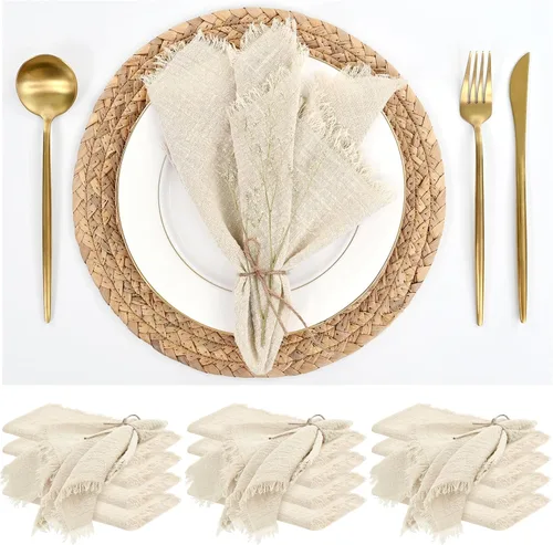 Vista 17 de Paquete de 12 servilletas de lino y algodón beige de 16 x 16 pulgadas, hechas a mano con flecos, servilletas de tela suave, lavables y rústicas